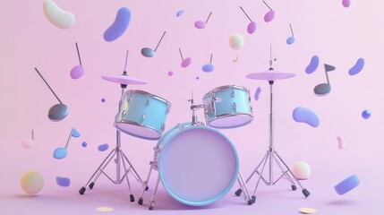 A whimsical drum set surrounded by colorful musical notes and shapes.