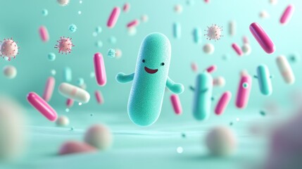A whimsical illustration of bacteria and viruses, emphasizing a playful science theme.