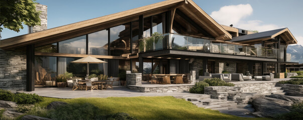 Fototapeta premium Wooden modern chalet in alps mountains. Super modern houses or huts with big windows