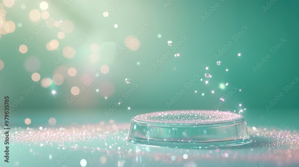 Wall mural A shimmering surface with droplets and sparkling particles against a soft, blurred background.