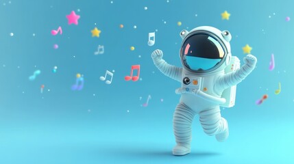 A cheerful astronaut dances amidst colorful musical notes in a vibrant space-themed background.