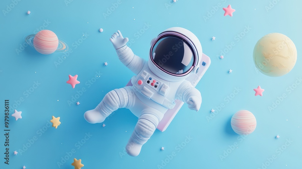 Canvas Prints A whimsical astronaut figure floating among colorful planets and stars in a playful setting.