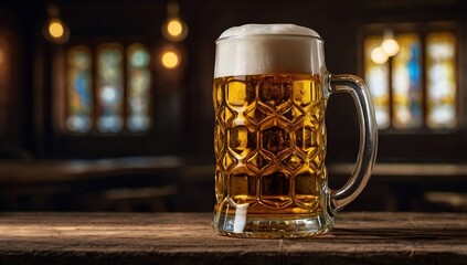 A fresh, cool glass of beer on a wooden table with copy space, perfect for Oktoberfest and celebration-themed stock photos.