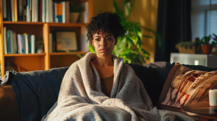 Fototapeta premium A woman sitting in cozy living room, wrapped in soft blanket, gazes thoughtfully into distance. warm lighting and plants create serene atmosphere