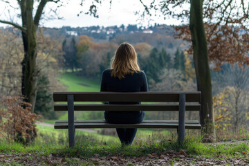 A woman sitting on bench, gazing at serene landscape filled with trees and rolling hills. peaceful scene evokes sense of tranquility and reflection