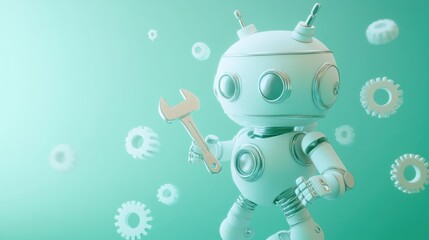 Naklejka premium A cartoon robot holding a wrench, surrounded by gears, symbolizing technology and repair.