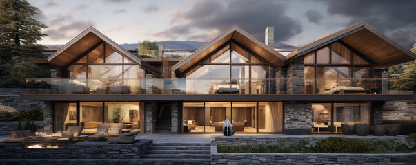 Obraz premium Wooden modern chalet in alps mountains. Super modern houses or huts with big windows