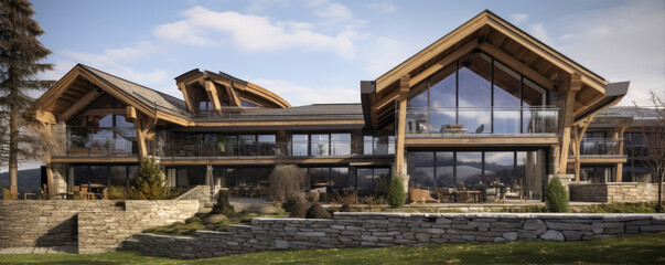 Fototapeta premium Wooden modern chalet in alps mountains. Super modern houses or huts with big windows