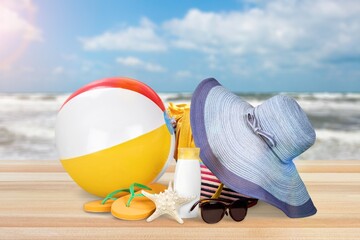 Stylish bag with set of beach accessories .