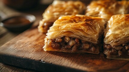 A Baklava. The most popular Turkish dishes. A sweet pastry made of layers of filo dough filled with chopped nuts and sweetened with honey or syrup.
