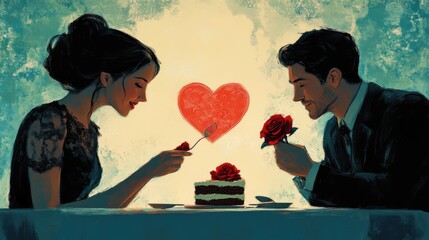 A couple sharing a slice of heart-shaped cake, with a single red rose on the table, symbolizing love and celebration