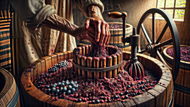 Traditional Wine Making. Hands press grapes in an old manual crusher.