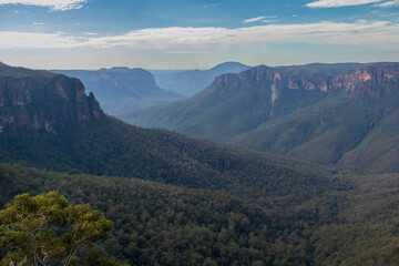 Photograph of bushland and the natural amphitheatre of the scenic Grose Valley near Blackheath in the Blue Mountains in New South Wales, Australia.