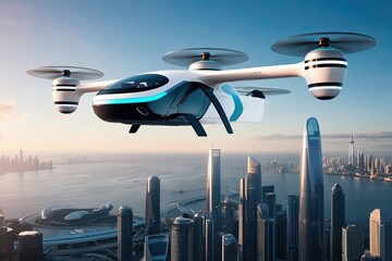Naklejka premium Autonomous Air Taxi Flying Over High-Tech City Skyline with Innovative Transportation Solutions