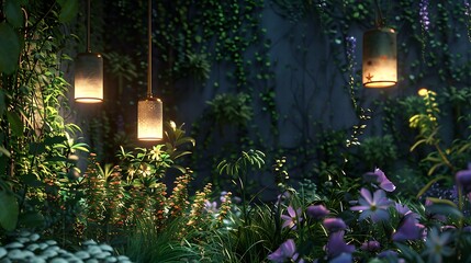 Contemporary lighting attached to luxuriant greenery and wildflowers