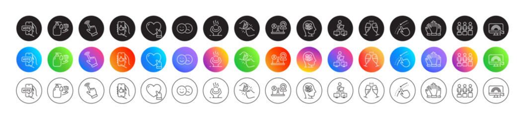 Online voting, Work home and Fist bump line icons. Round icon gradient buttons. Pack of Swipe up, Like, Volunteer icon. Champagne glasses, Lgbt, Anxiety pictogram. Vector