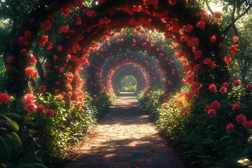 enchanted secret garden flowercovered arches forming magical pathways soft ethereal light filtering through lush colorful foliage