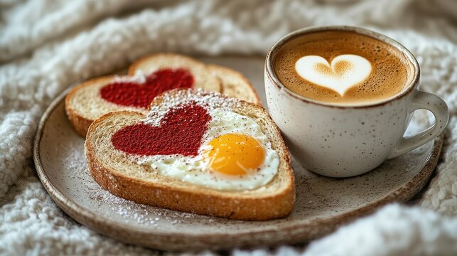 A romantic breakfast in bed with heart-shaped toast, eggs, and a cup of coffee with a heart design in the foa