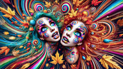 Fototapeta premium Two women with vibrant, swirling makeup and hair, surrounded by colorful patterns, leaves, and psychedelic designs. The image bursts with energy and fantasy.
