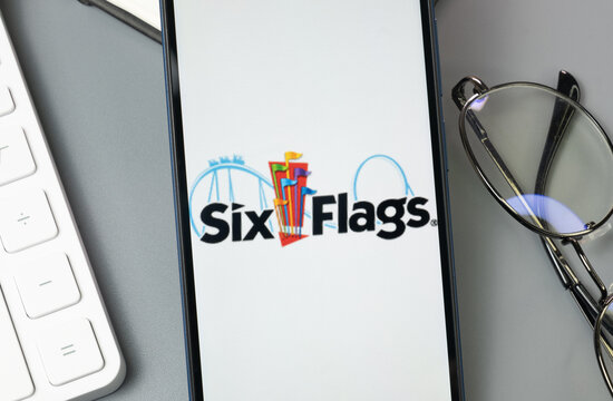 New York, USA - 30 August 2024: Six Flags Logo on Phone Screen, Company Icon on Display