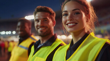 Three security guards in reflective vests happily patrolling a bustling stadium during a night shift