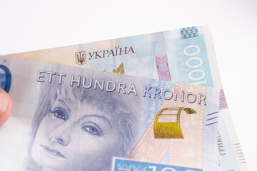 Swedish krona,Currency of Ukraine, US dollar, euro the currency of Sweden.money concept. 100. 20. Close up
