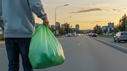 A person in a gray sweatshirt carries a green plastic bag of waste towards a recycling center during the evening, surrounded by city streets and trees