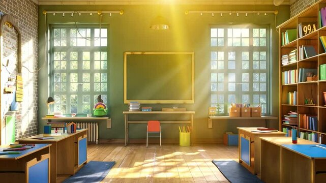 A classroom scene with desks, a blackboard, and school supplies, ideal for back to school visuals.