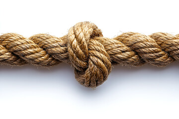 A close-up image of a rope featuring a tightly tied knot, showcasing the texture and detail of the fibers.