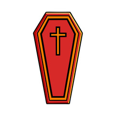A red coffin with a cross on top and a cross on the lid