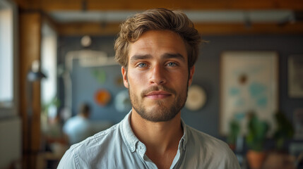 Obraz premium Handsome young man with wavy hair and beard in a modern office space