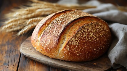 Rustic bread loaf made with ancient grains, placed on a wooden table