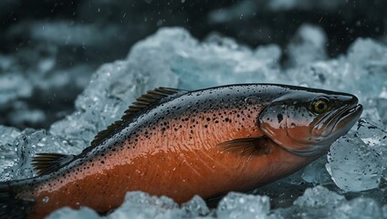 Salmon resting on ice, close-up.