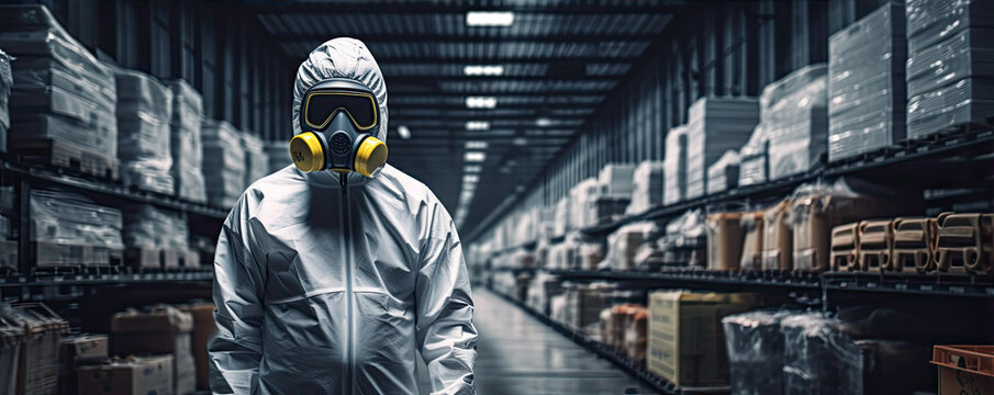 Epidemic theme. Man in protective white suit tanding in factory or warehouse. copy space for your text.