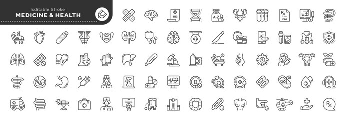 Medicine and healthcare line icon set. Human organs, treatment, pills, first aid, medical instruments and more. Outline icon in linear style. Vector collection.	
