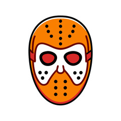 A cartoonish drawing of a hockey goalie with a red face and orange mask. The drawing is in black and white and has a bold, cartoonish style