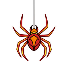 A red and orange spider is hanging from a string. The spider is drawn in a cartoon style and has a menacing look