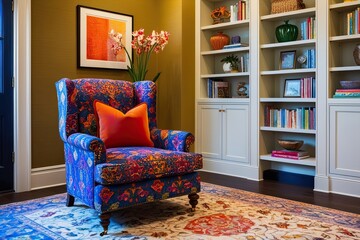 Colorful Armchair with Decorative Fabric in Trendy Reading Nook