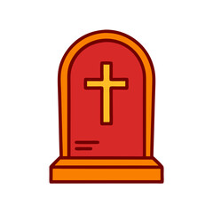 Fototapeta premium A red grave marker with a cross on it. The cross is drawn in a cartoon style. The grave marker is placed on a white background