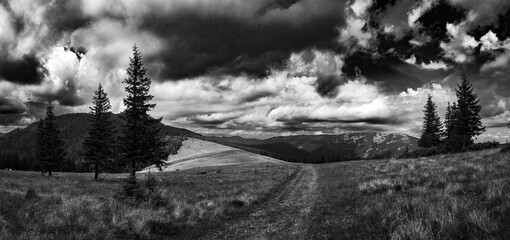 The meadow, dotted with scattered trees, stretches out towards the mountains. The clouds seem to...
