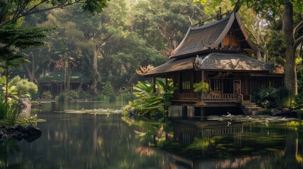 A small house with a porch sits on a lake