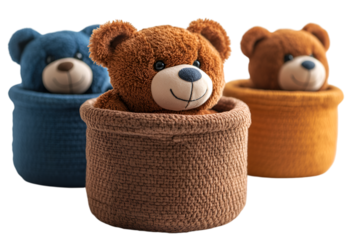 a group of stuffed bears in baskets. 