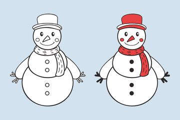 Cute funny snowman line art coloring page for kids. Illustration for children. Coloring book