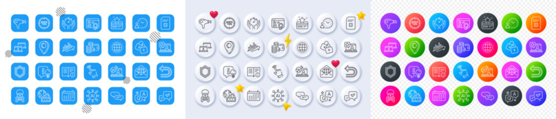 Undo, Calendar and Hair dryer line icons. Square, Gradient, Pin 3d buttons. AI, QA and map pin icons. Pack of Security, Approve, Chemical hazard icon. Timer, Tips, Outsource work pictogram. Vector