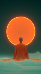Buddhist monk meditates in an orange robe above turquoise clouds, facing a giant neon orange sun in a surreal cloudscape
