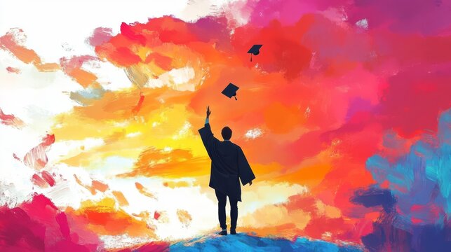 Colorful abstract painting of a graduate celebrating achievement, throwing caps in the air against a vibrant sky.