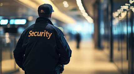 Professional security guard in uniform patrols building, ensuring safety with vigilant scanning for suspicious activity