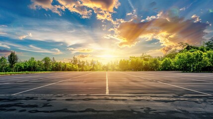 A parking lot with a beautiful sunset in the background