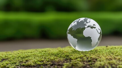 A glass globe rests on vibrant moss in a tranquil forest, symbolizing Earth Day and emphasizing the importance of protecting our planet from global warming