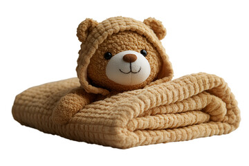 a stuffed bear wrapped in a blanket.